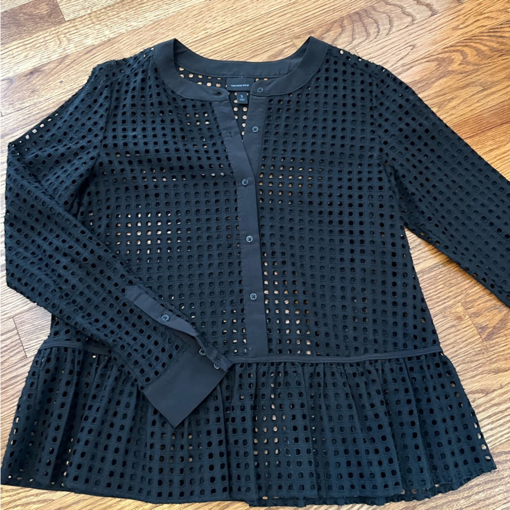 NEW Who What Wear Perforated Black Blouse Button Down